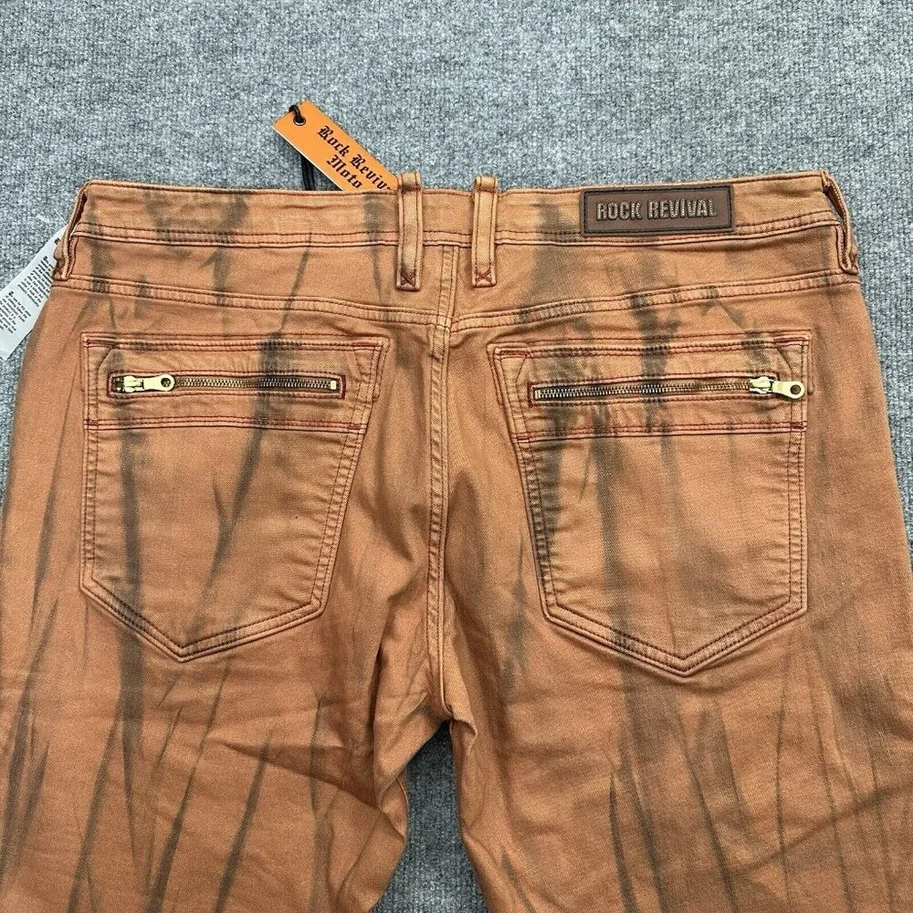 Rock Revival Moto Ivan Jeans Sz 40 Orange Slim Stretch Biker Y2K Distressed NWT